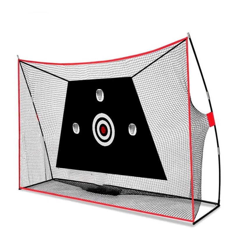 Golf wedge training kit showing 3-hole cross net, straw practice mat, white and red practice balls, and setup accessories