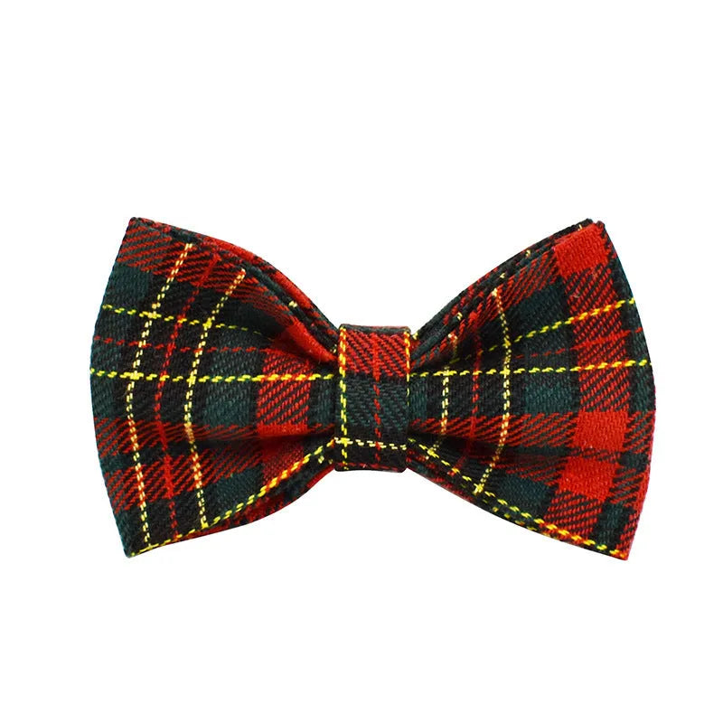 Christmas plaid green dog collar set with leash bow and vest on a festive background