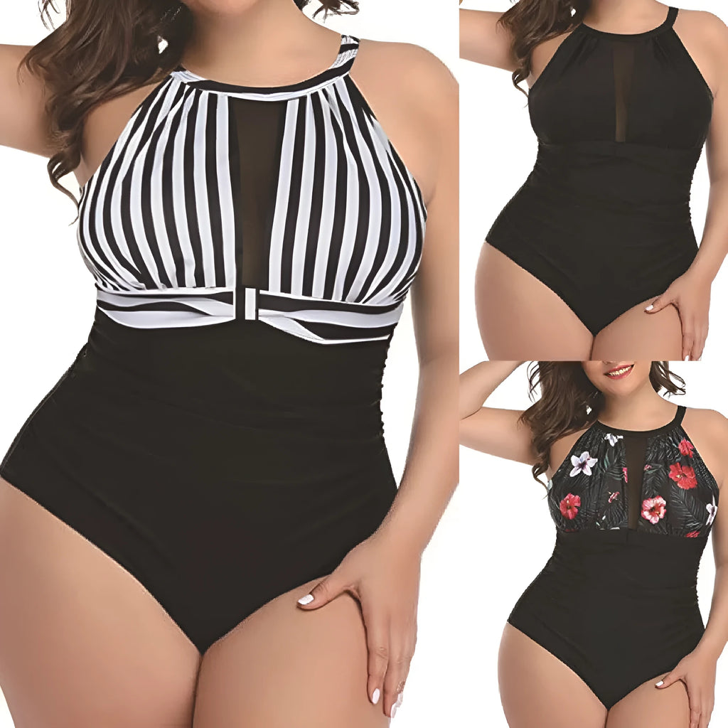 Women's black lace one-piece swimsuit on a hanger with red floral and striped variants shown.