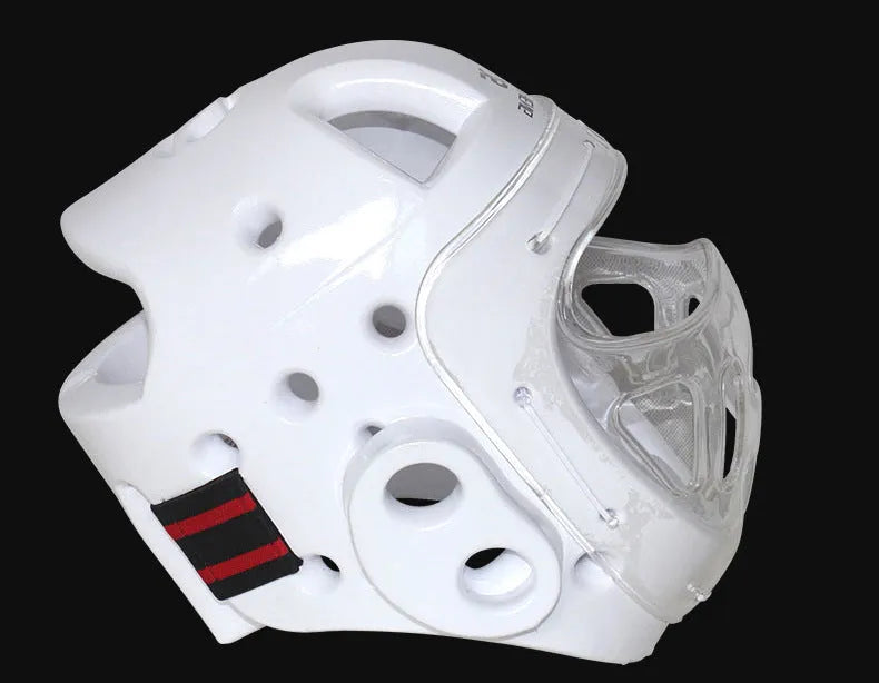 Karate boxing helmet for head protection shown in white, blue, and red colour options.