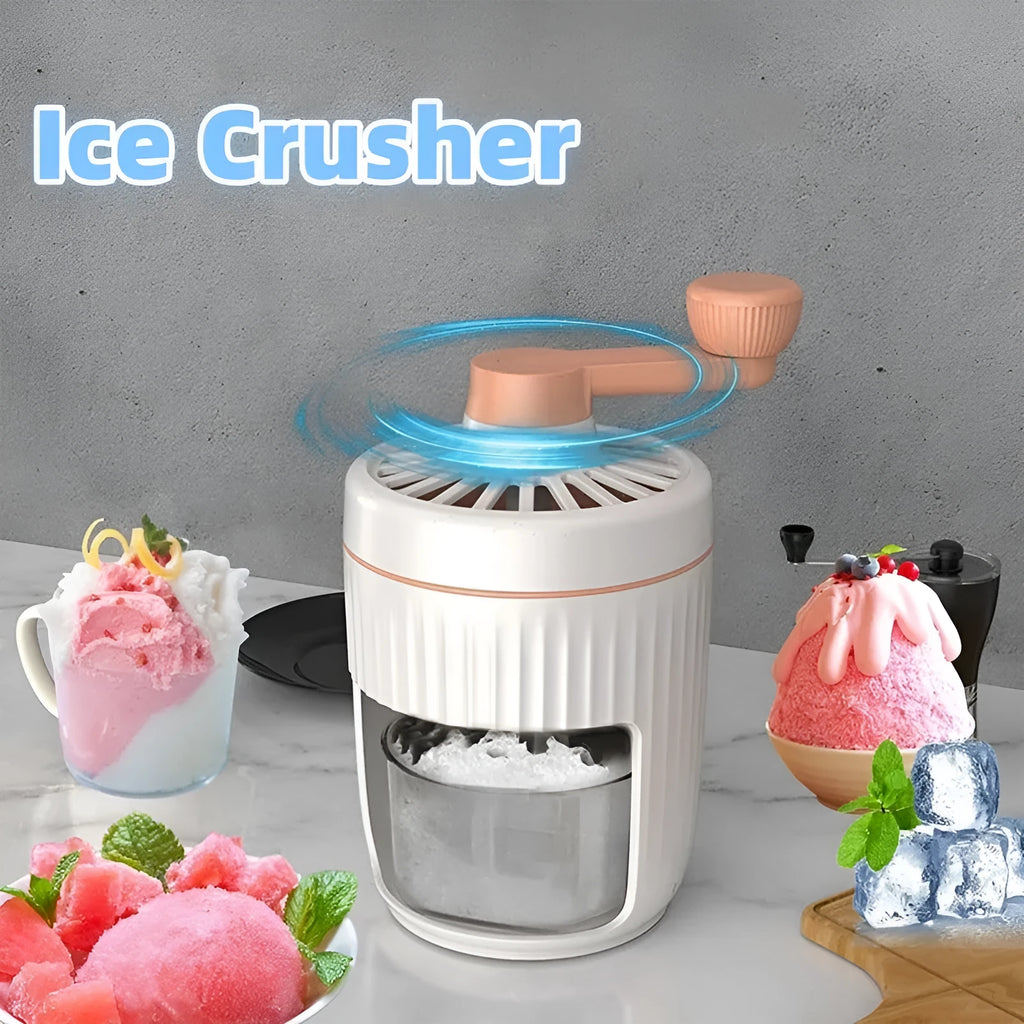 Hand-cranked ice shaving machine in green and orange, with removable ice box and ergonomic handle