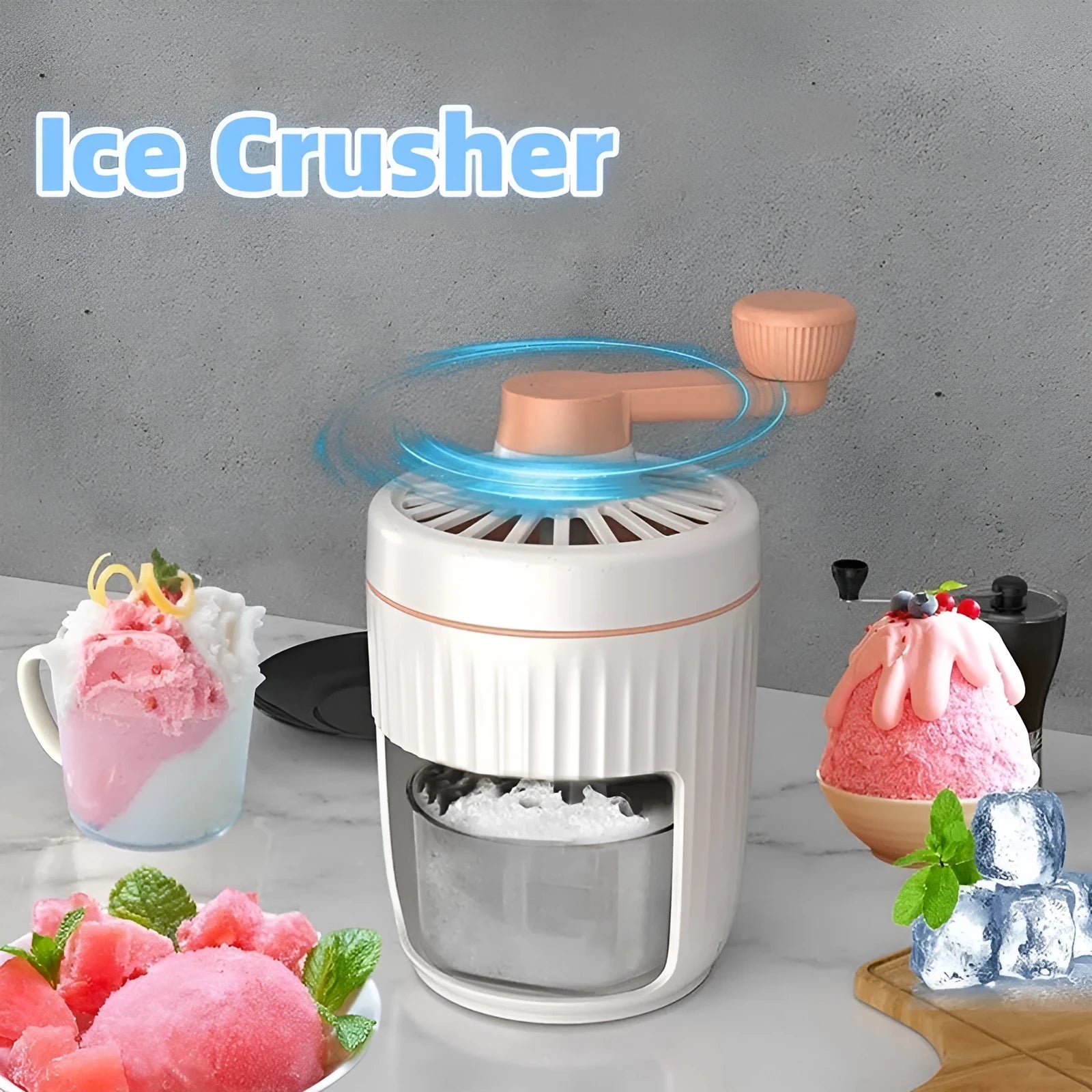 Hand-cranked ice shaving machine in green and orange, with removable ice box and ergonomic handle