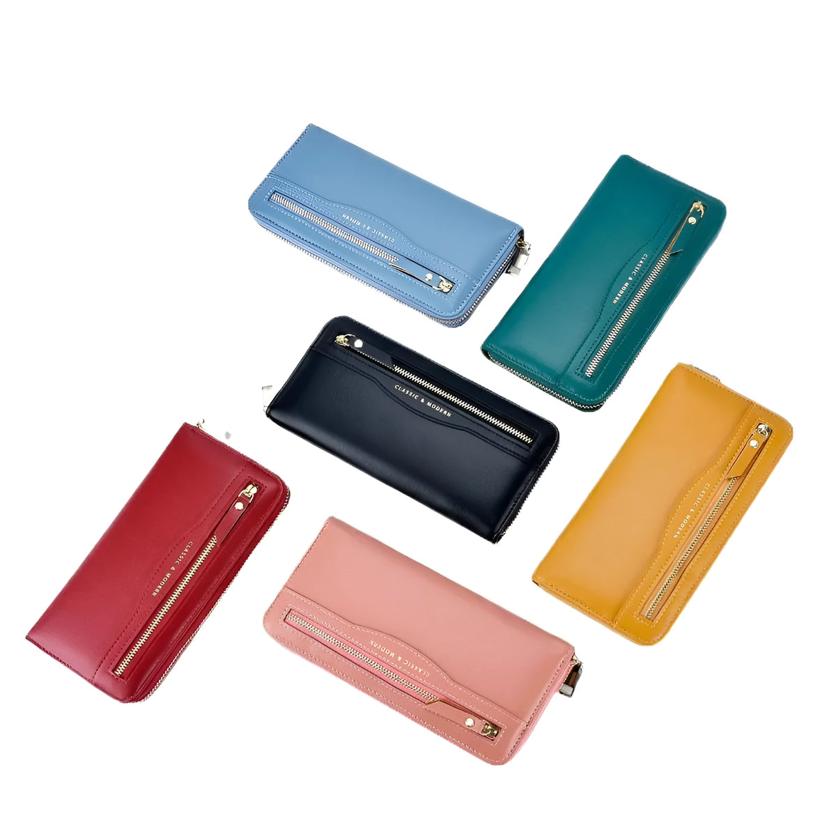 Women's long clutch wallet in PU leather with zip fastening and change section, shown in yellow, red, green, blue, black and pink.