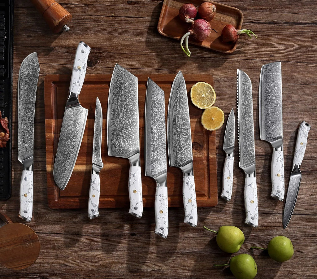 Damascus pattern VG10 steel chef knife with 21cm blade on cutting board