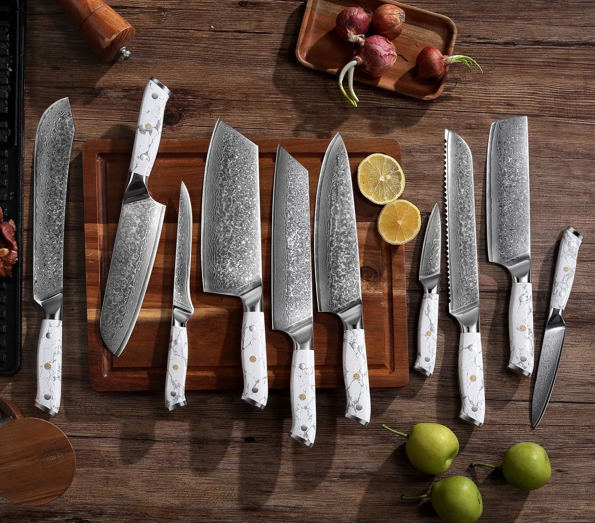 Damascus pattern VG10 steel chef knife with 21cm blade on cutting board