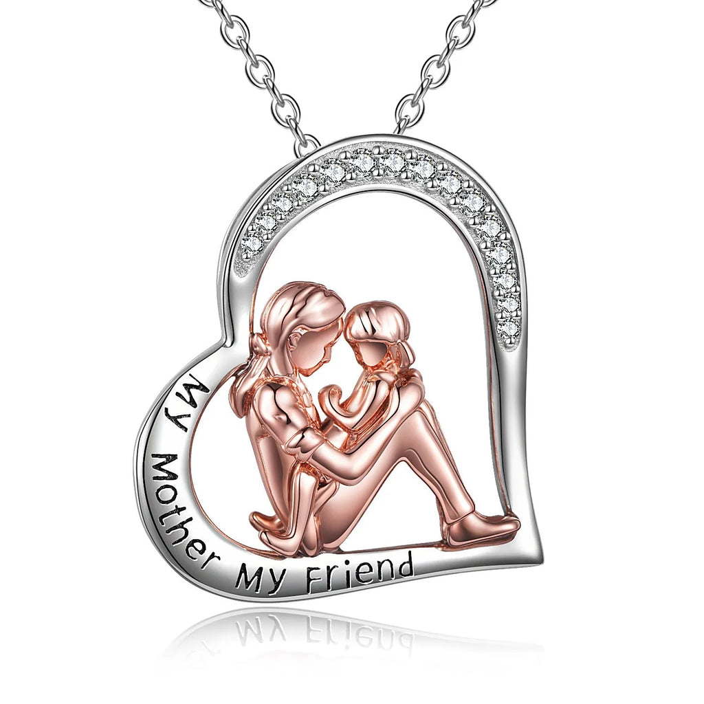 925 sterling silver mother daughter necklace with engraved heart pendant reading My Mother My Friend in silver colour