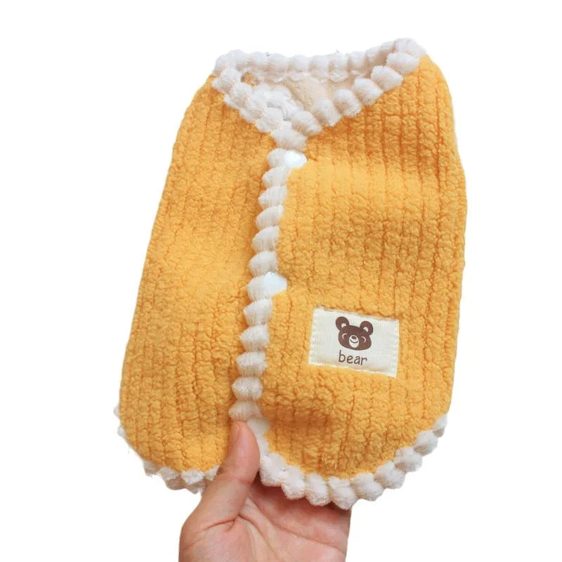 Dibi Bear dog and cat coral fleece vest with fleece trim in brown, watermelon red or yellow, sizes S to XXL