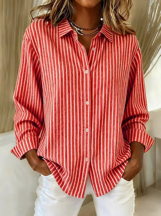 Check print women's long sleeve shirt in solid colour, loose fit polyester top, available in multiple sizes
