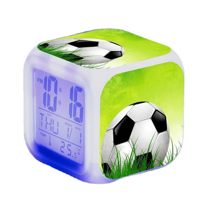 Square football pattern alarm clock for children's bedrooms with silent alarm functionality