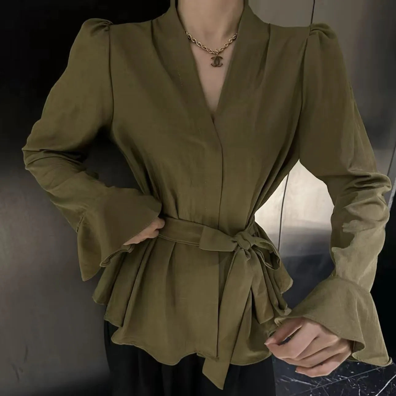 Women's French-style shirt with irregular collar and bell sleeves in various colours