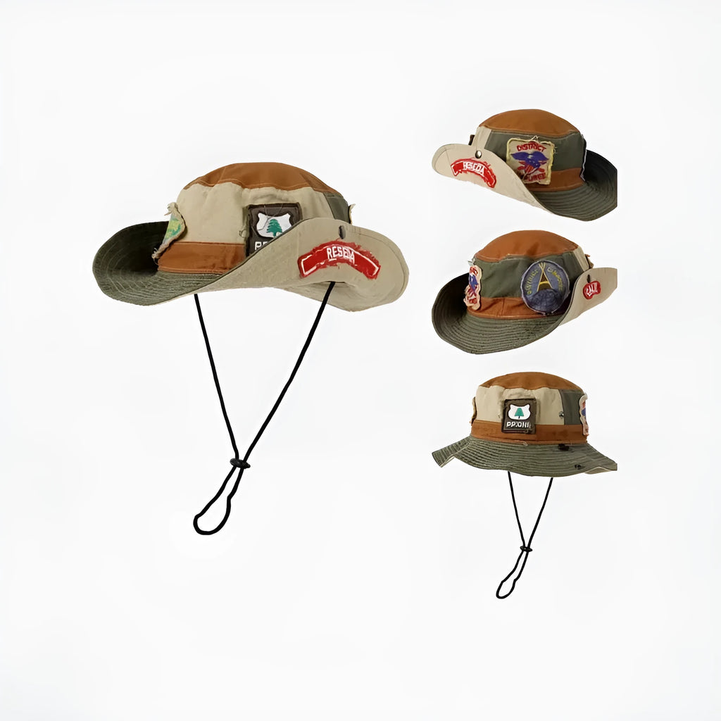 Army green cotton women's fisherman hat with flat top crown and hand-painted patchwork design