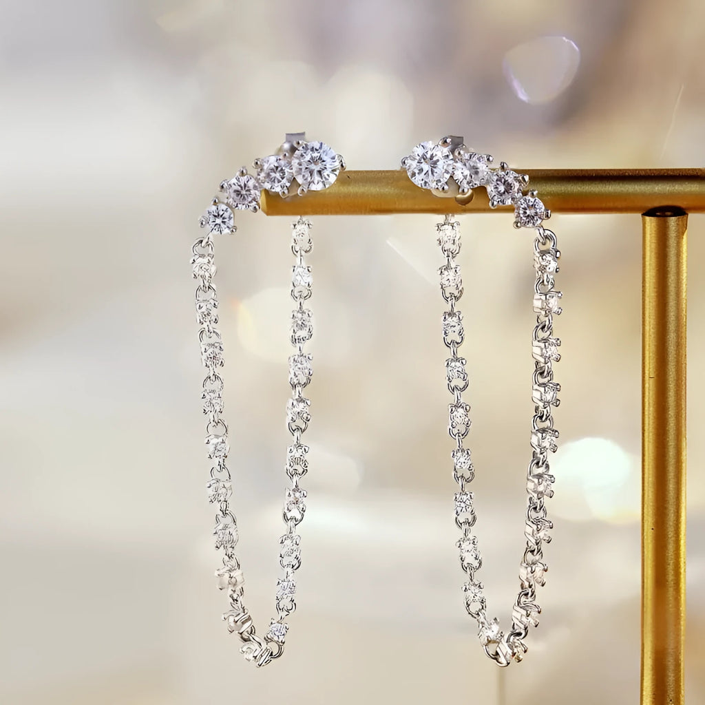 Women's 925 silver rhinestone zircon chain stud earrings 4x10.5mm electroplated finish on white background