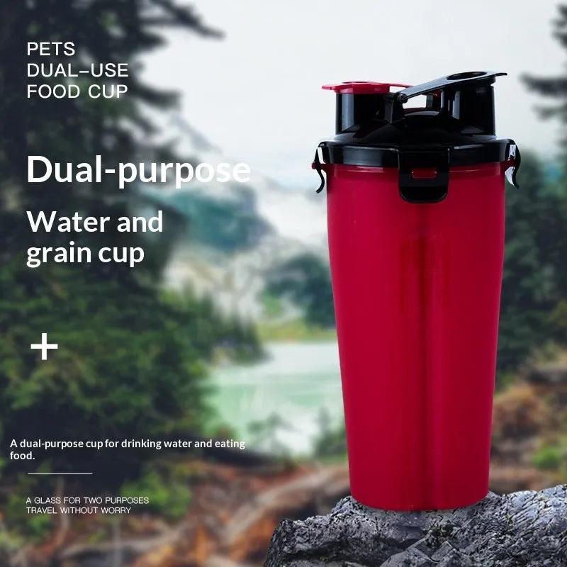 Portable foldable plastic pet dog water cup and bowl set with hanging clip, in black and blue, on a white background.