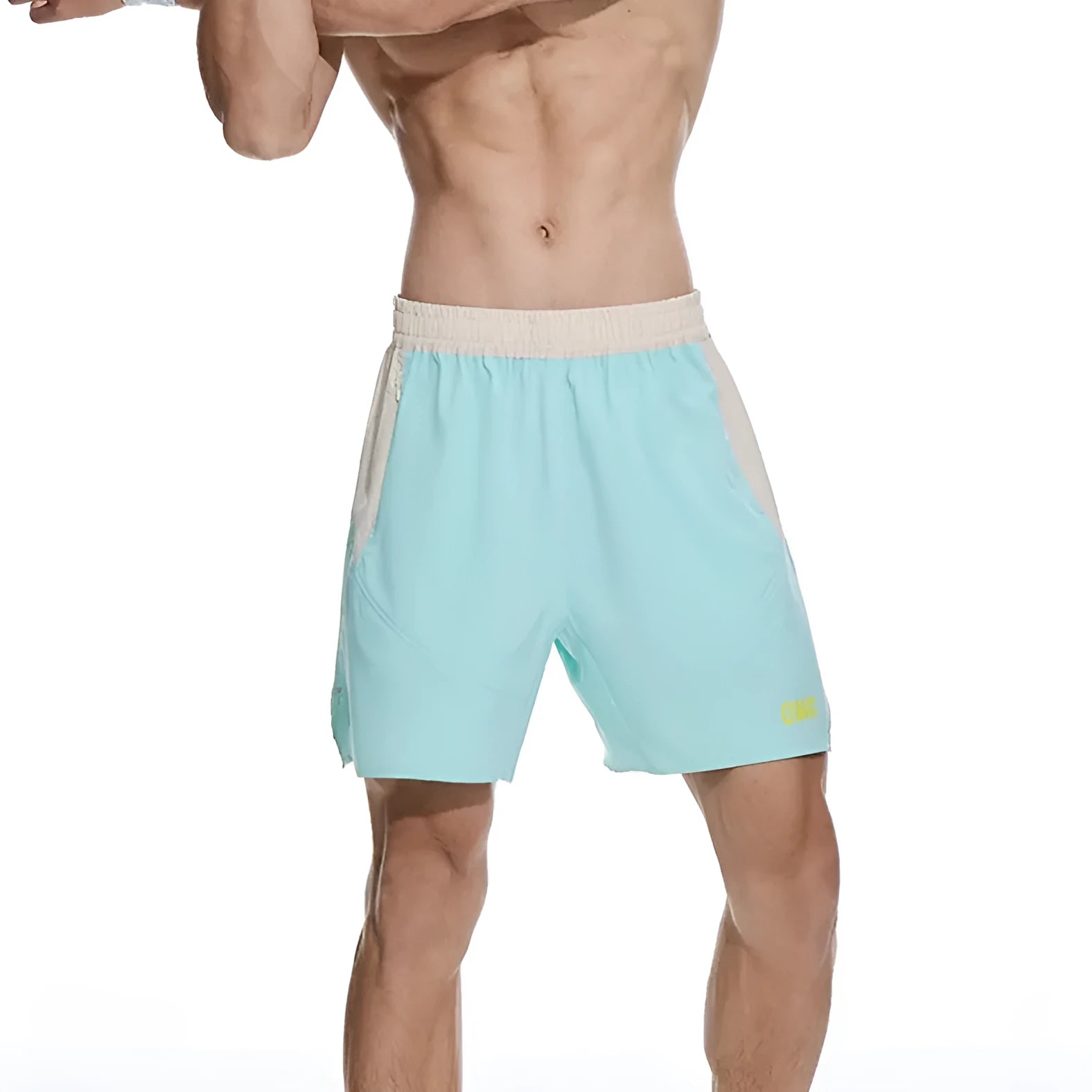 Man's loose grey workout shorts with elastic waist and white lace-up fly front.