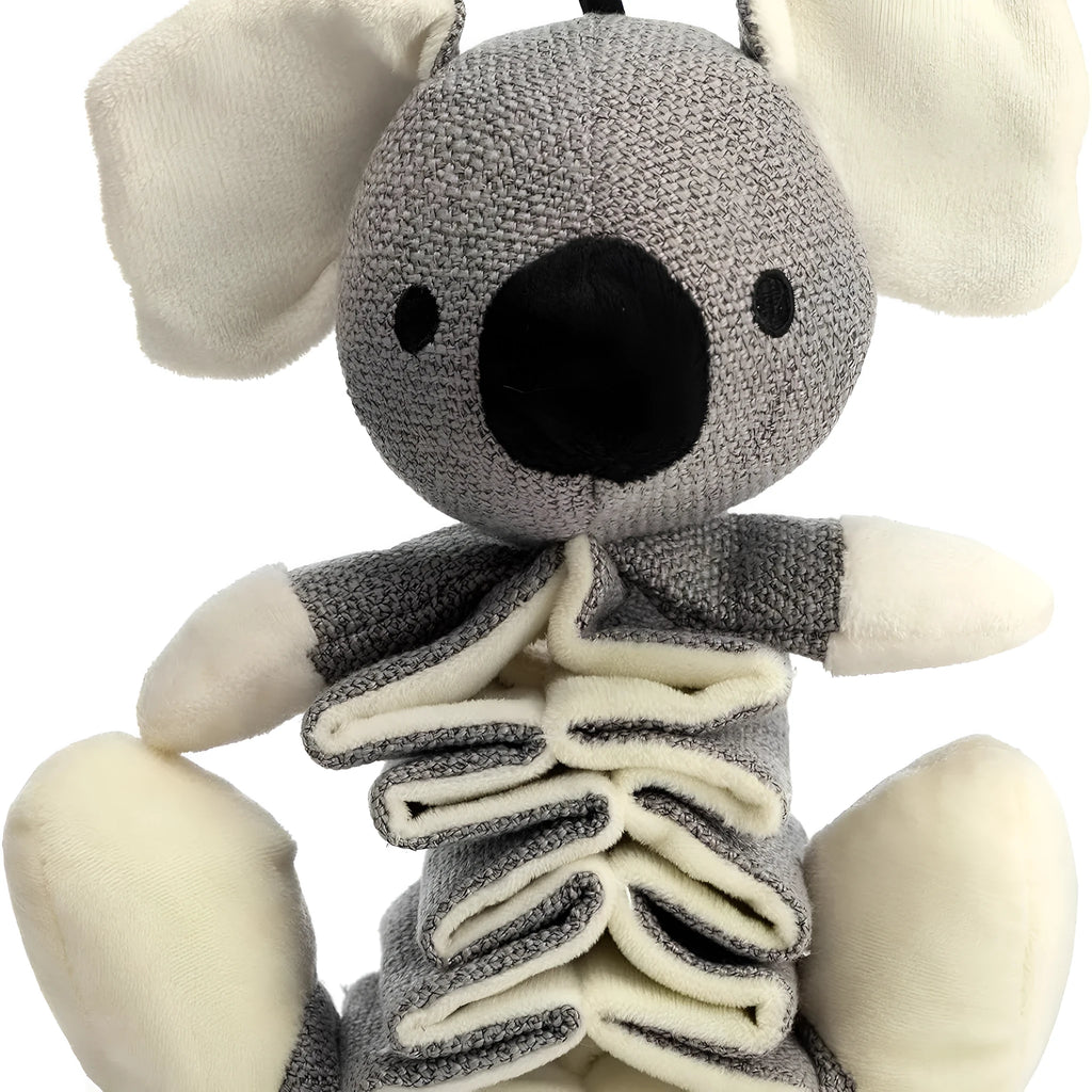 Grey koala plush dog toy measuring 30cm long with visible stitching and plush limb texture.