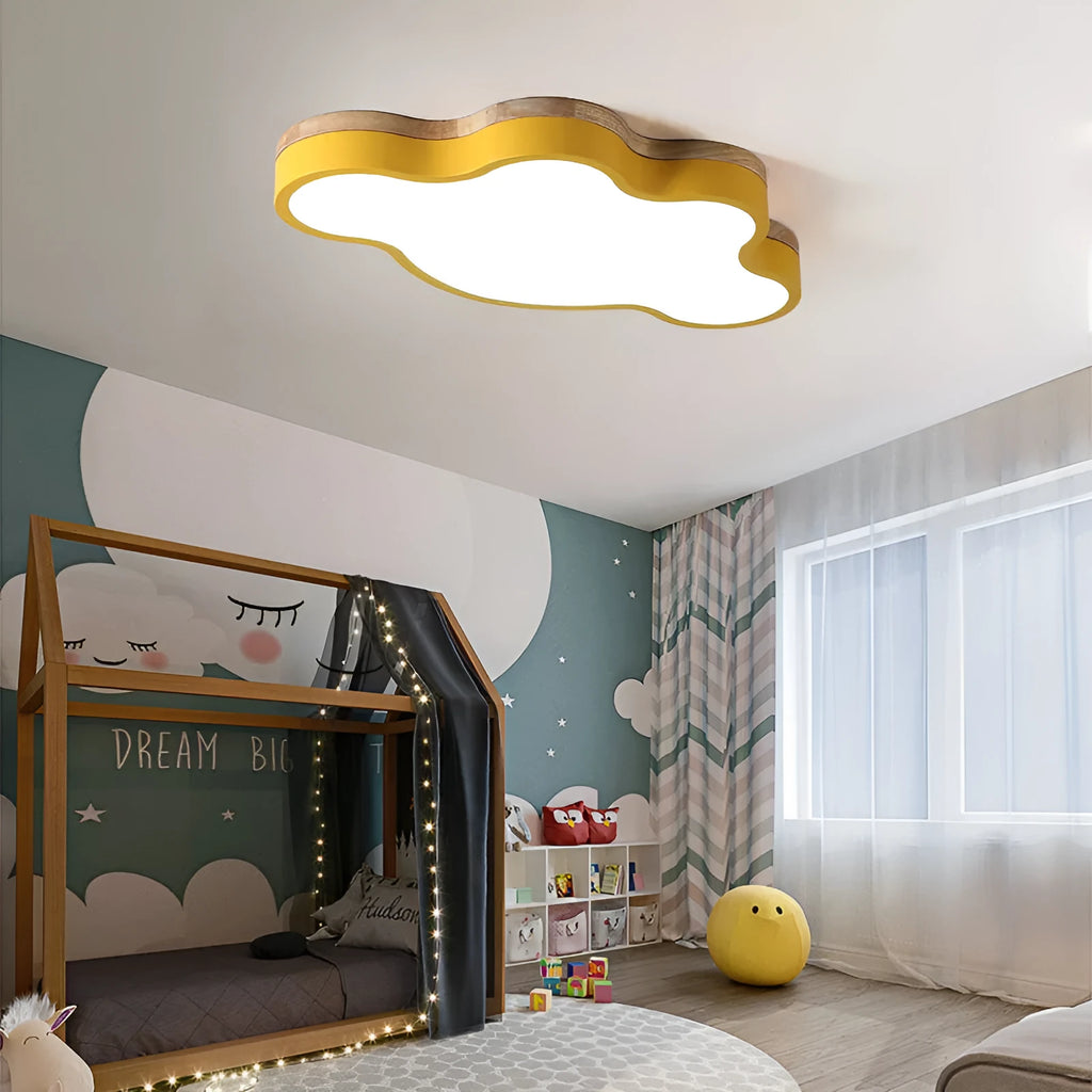 Cloud shaped wooden finish LED ceiling lamp in pink, blue, green or yellow with dimmable lighting