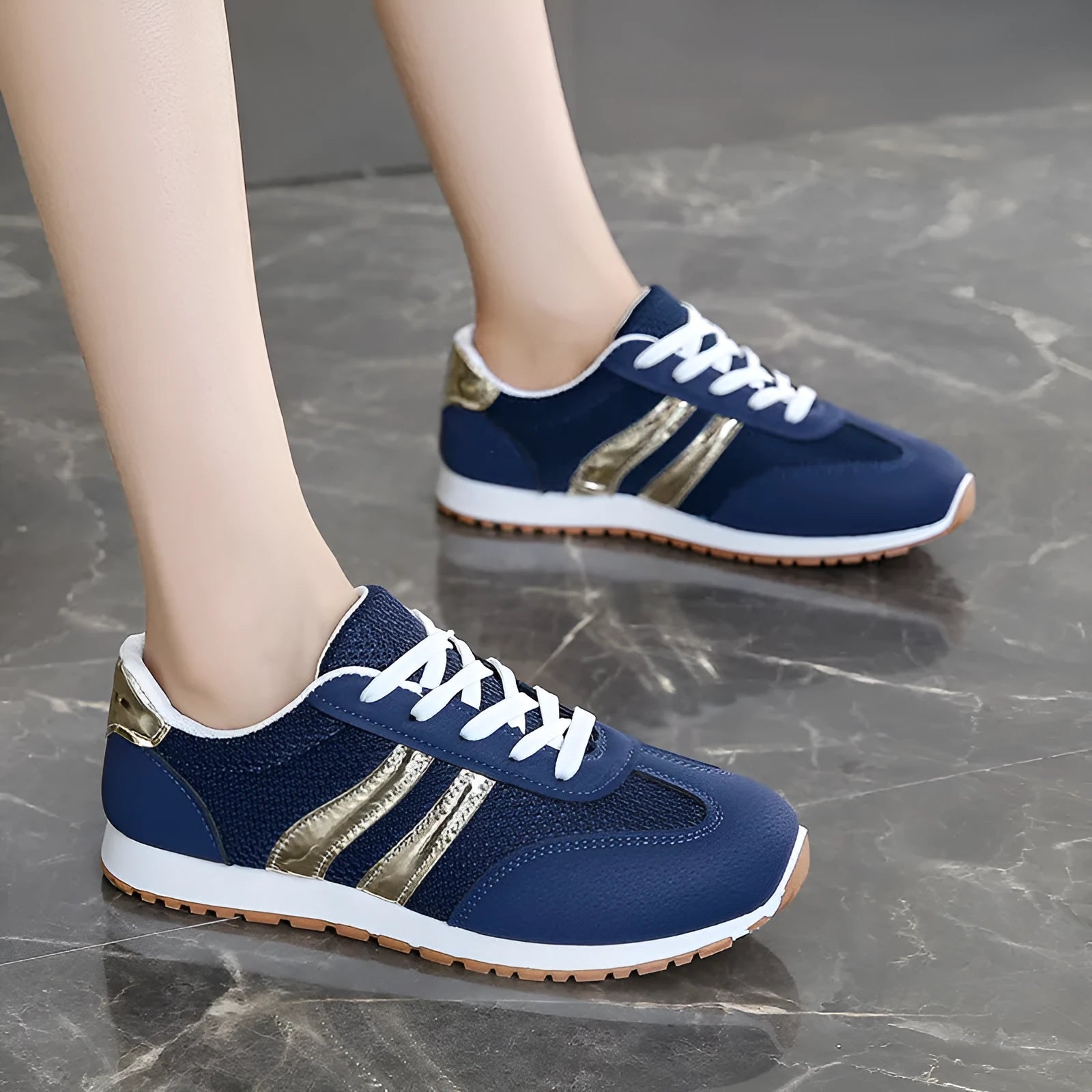 Blue women's casual tennis shoes with cross straps and non-slip rubber sole