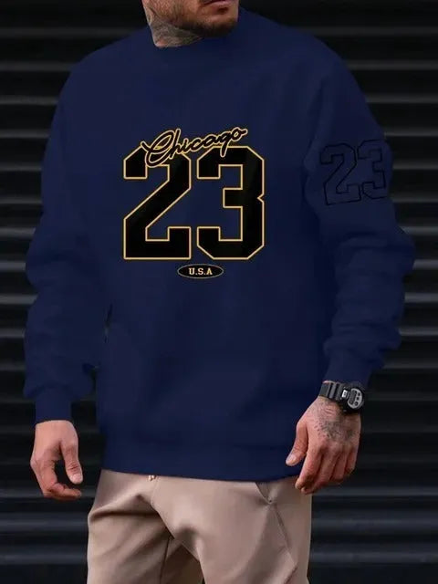 Men's art letter design fleece sweatshirt pullover in black, front view
