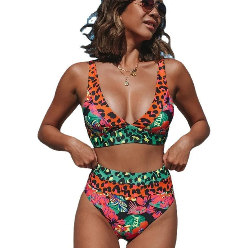 Women's high waist floral print bikini in polyester for swimming