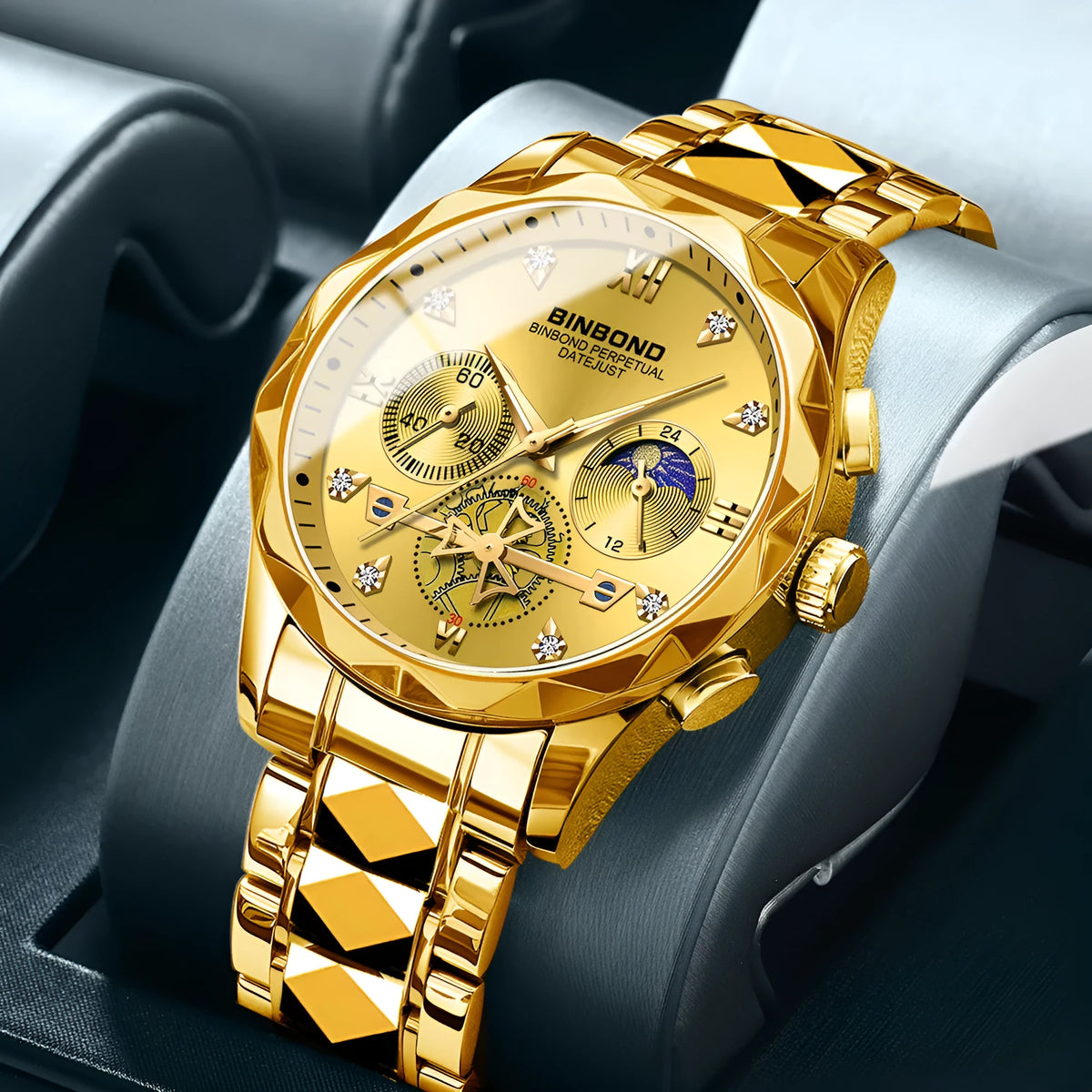 Multifunctional quartz watch with six-pin display, 11mm thick case, business style, available in multiple colours.
