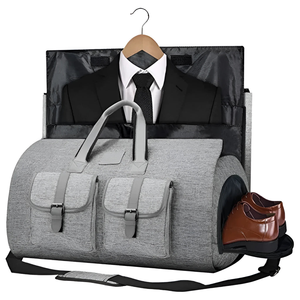 Large capacity folding storage bag in Oxford cloth with sewing thread detail, available in black and gray or light gray, 20-35L capacity.