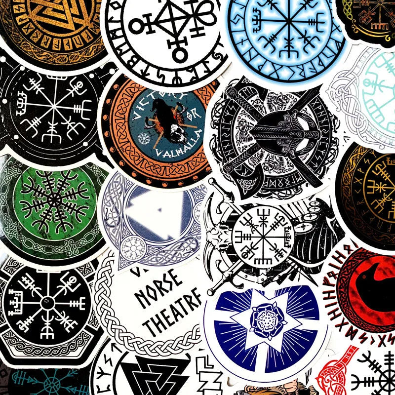 Ancient rune PVC sticker set with 50 irregular shaped graffiti-style decals in colour for luggage and smooth surfaces