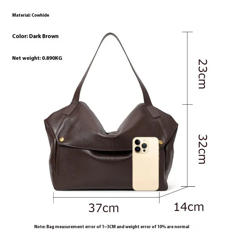 Brown genuine leather women's shoulder bag with a structured horizontal square shape.