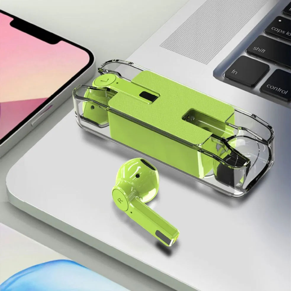 Transparent Bluetooth wireless earbuds with charging bin in pearl white colour