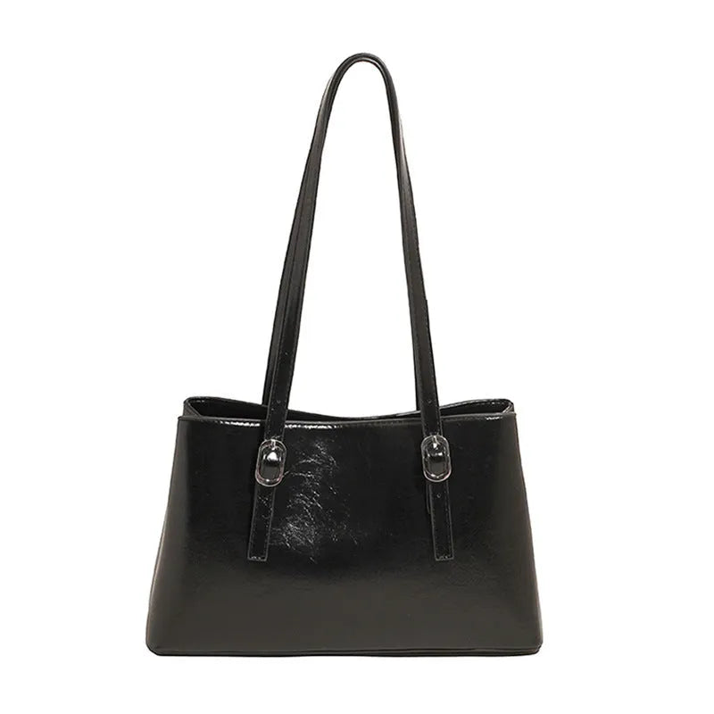 Retro underarm shoulder bag in PU material with horizontal square shape, double jointed strap, and sandwich pocket – large capacity handbag