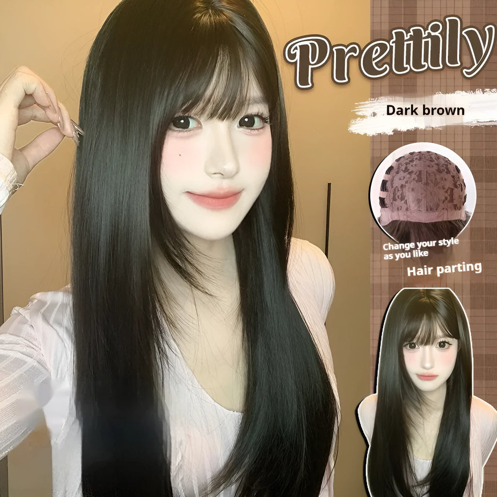Dark brown long straight synthetic women's wig with a fringe on a wig head.