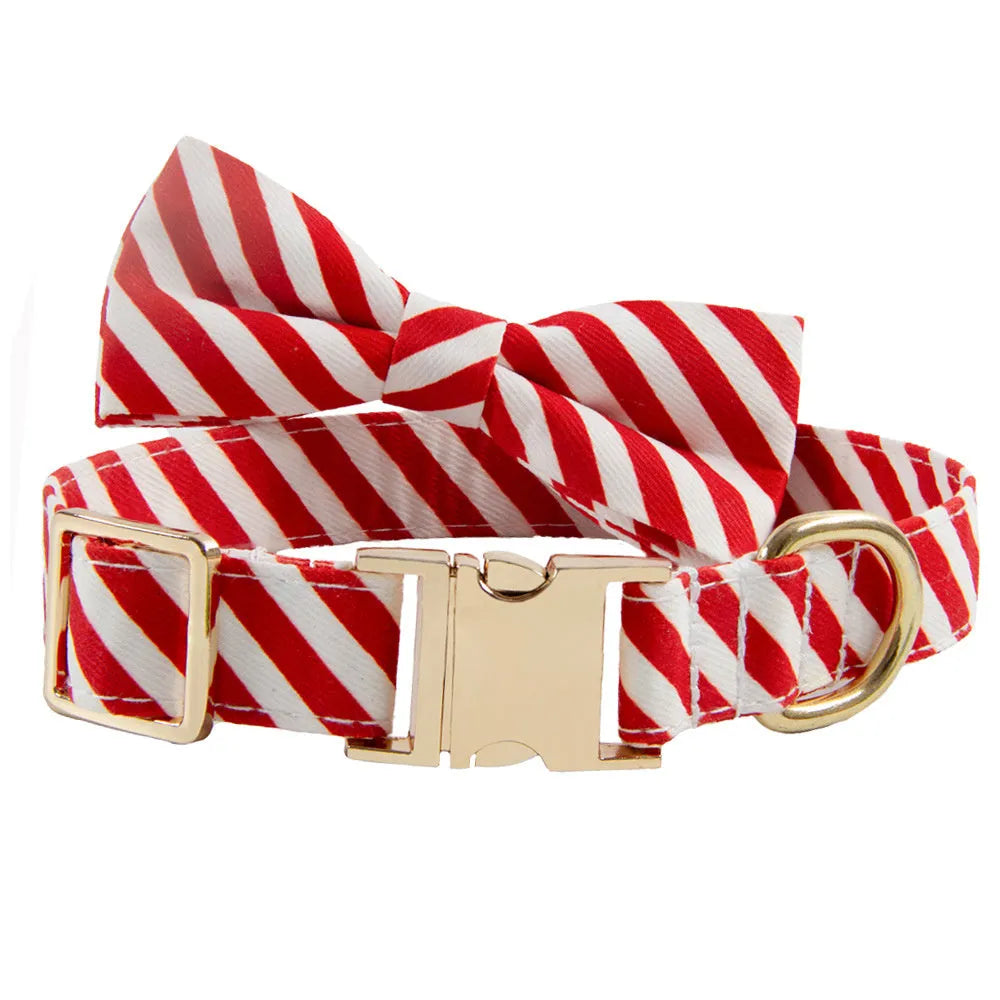 Striped green dog collar with engravable panel and decorative red bow knot attached