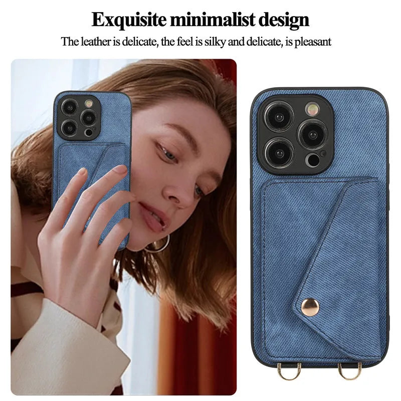Denim-style faux leather phone case with lanyard and card clamp for iPhone in dark blue