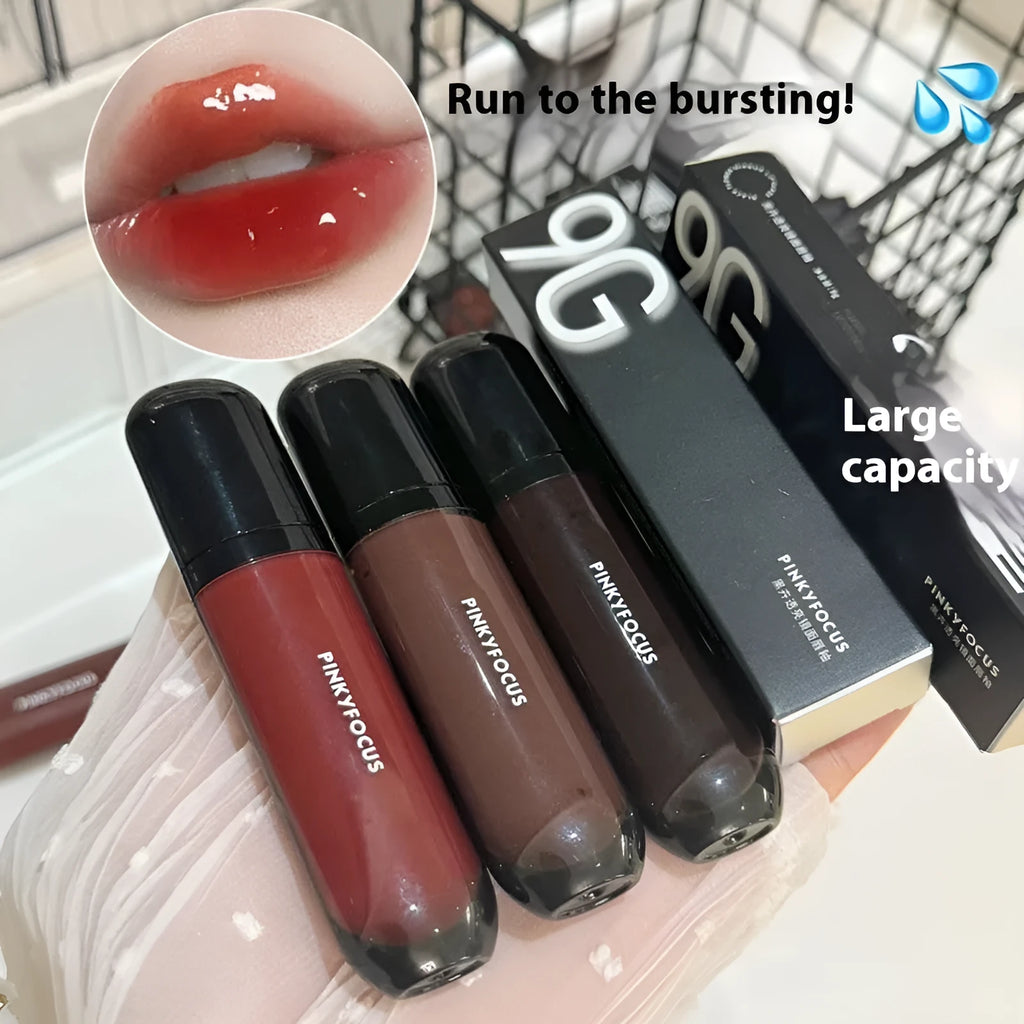 Black Shiny Mirror Lip Lacquer tube showing six colour options from tomato red to sweet potato brown