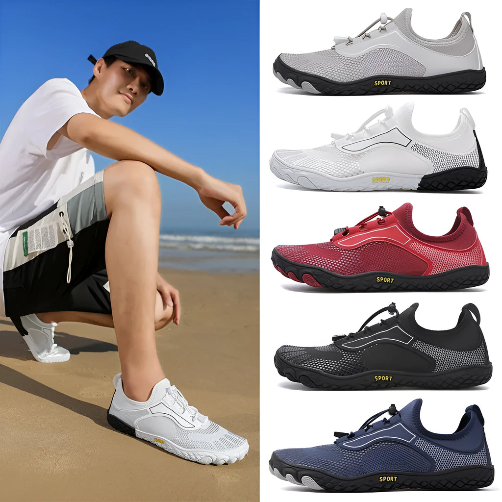 Upstream shoes with non-slip rubber sole, EVA midsole, four-sided elastic upper, low-top design in black, blue, white and black, or wine red