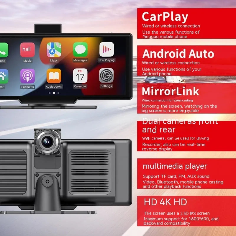10.26-inch wireless CarPlay car multimedia recorder with capacitive touch screen in black