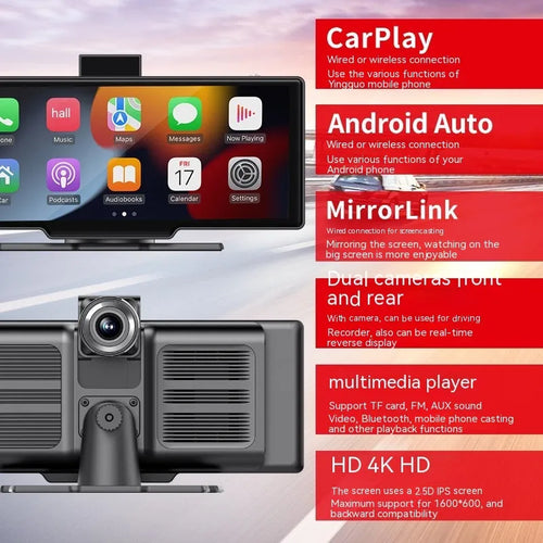 10.26-inch wireless CarPlay car multimedia recorder with capacitive touch screen in black