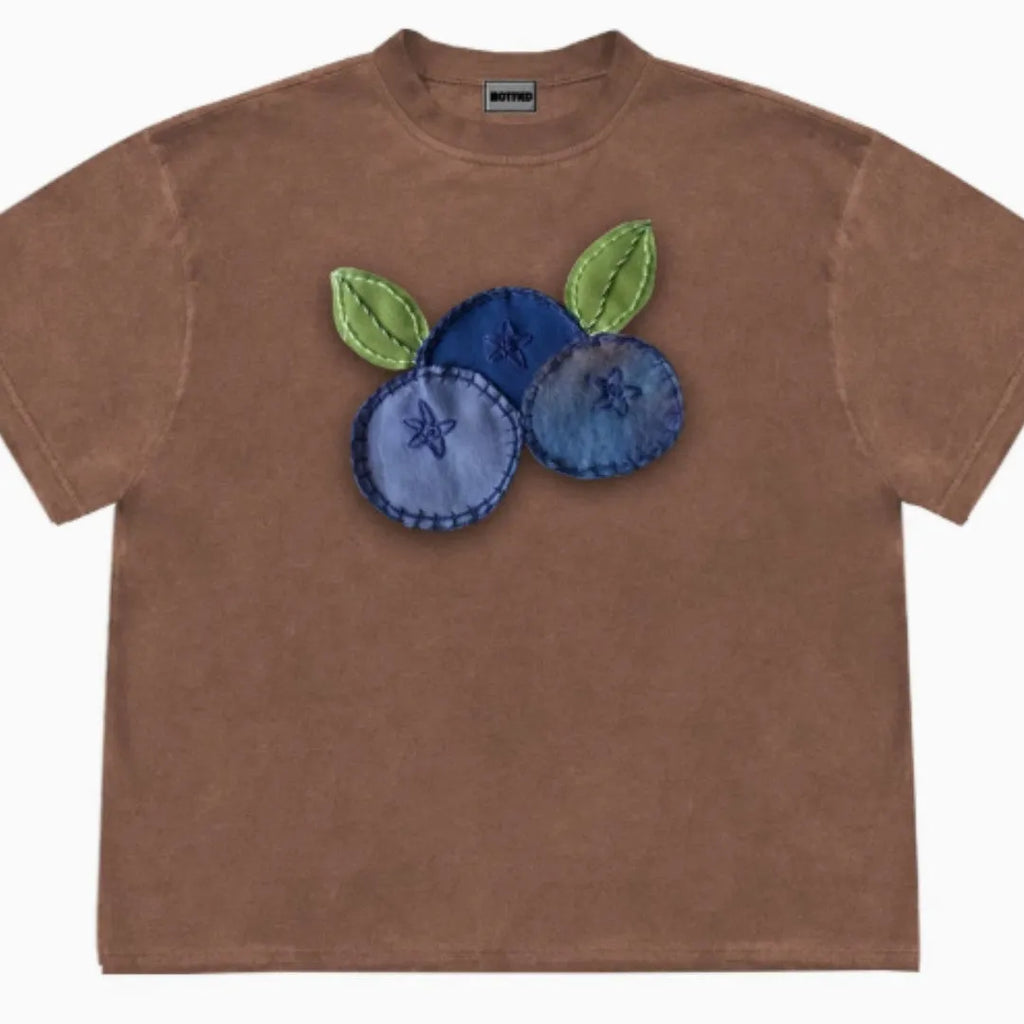 Blueberry patchwork short sleeve T-shirt in ice oxygen cotton with loose fit and round neck