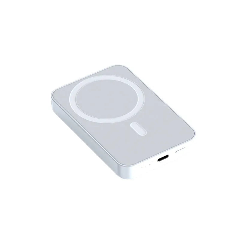 Wireless magnetic power bank with plastic shell in pink, purple or white showing 20000mAh capacity