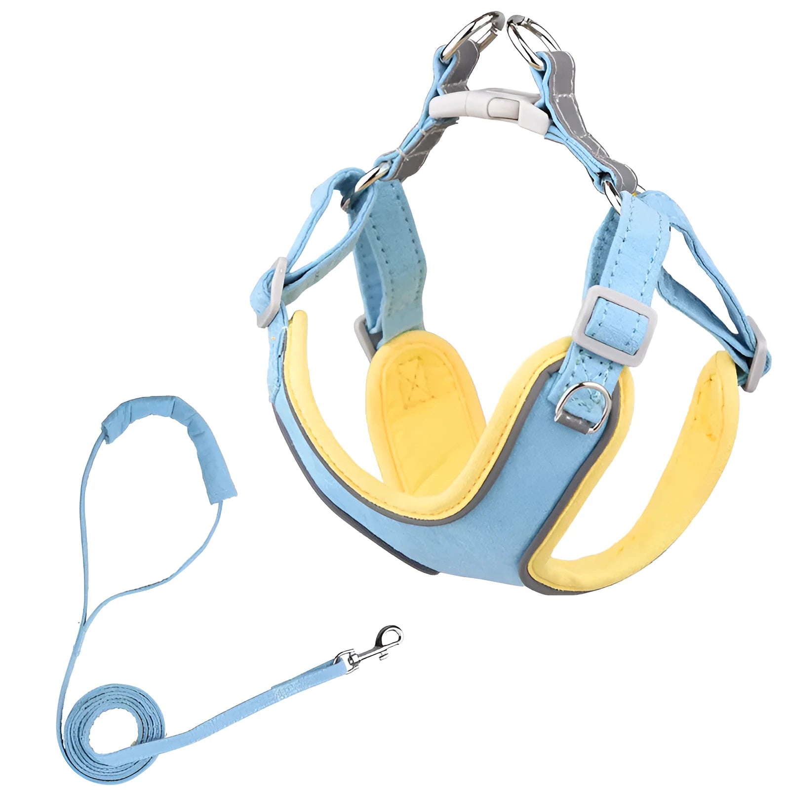 Adjustable suede dog harness and leash set in blue and yellow colour for small to medium dogs