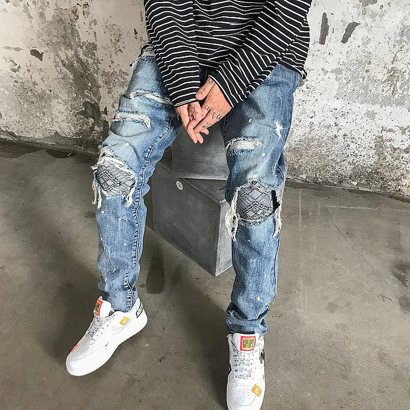 Occasional High Street black broken jeans for men with patch detailing and straight leg