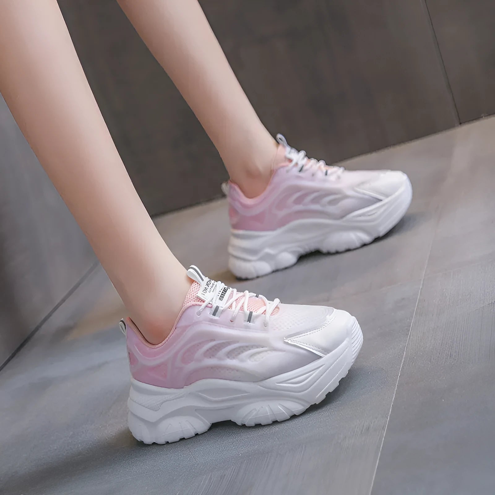 Women's satin sports casual lace-up shoes in pink, also available in blue and purple.
