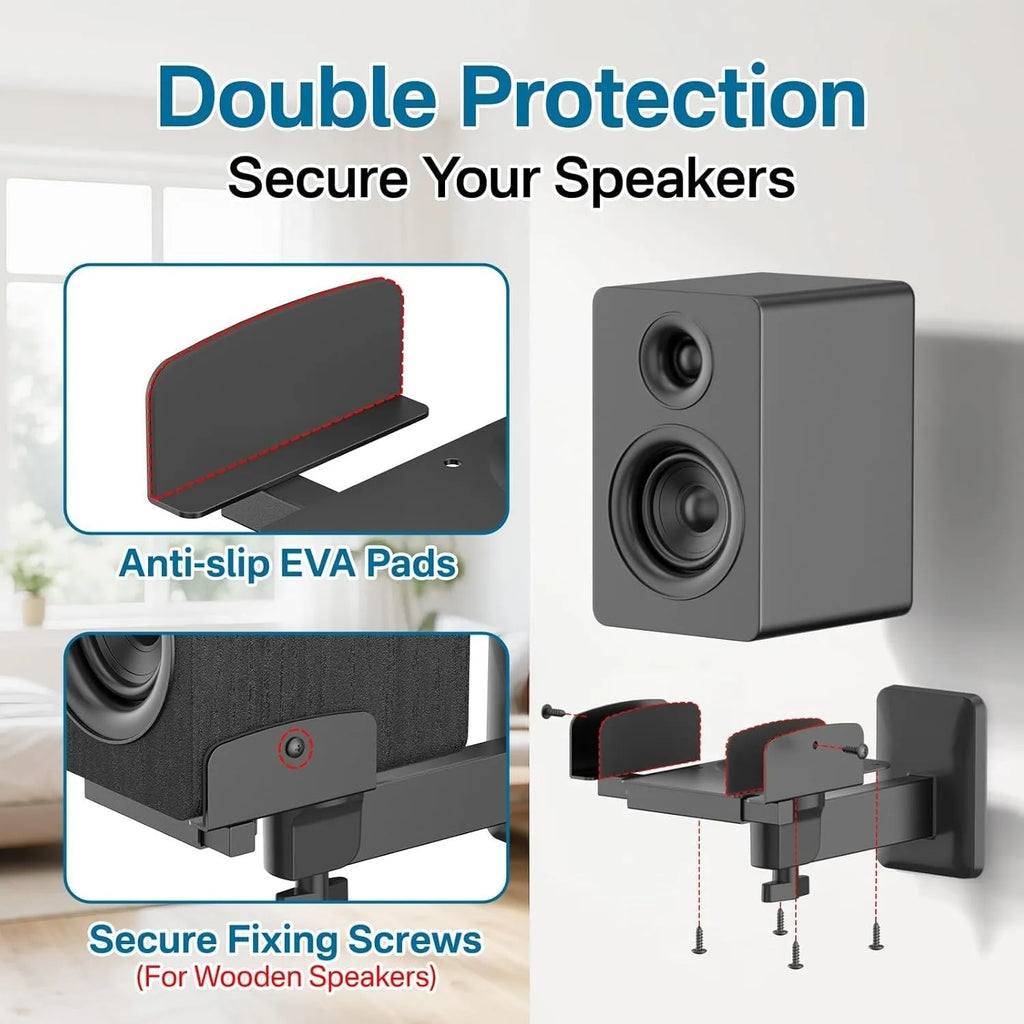 Double clip speaker wall mount 2 pack black heavy duty brackets for bookshelf surround sound speakers