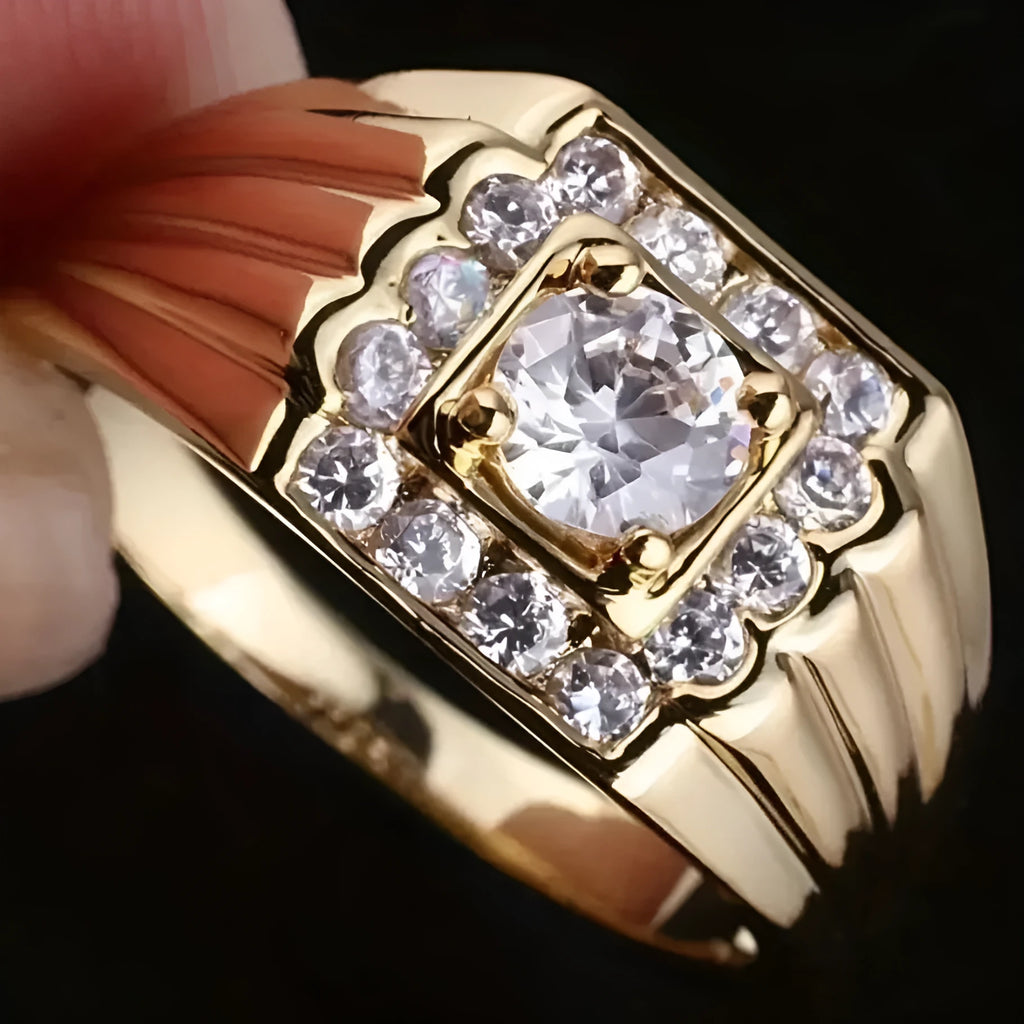 Gold copper ring with round zircon micro inlay, geometric wide surface design, size No 8