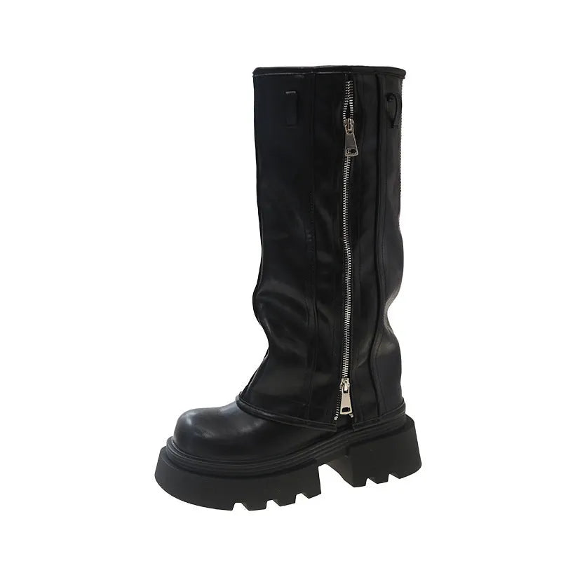 Platform muffin pants Martin boots in black with high cylinder socks and square rubber heels