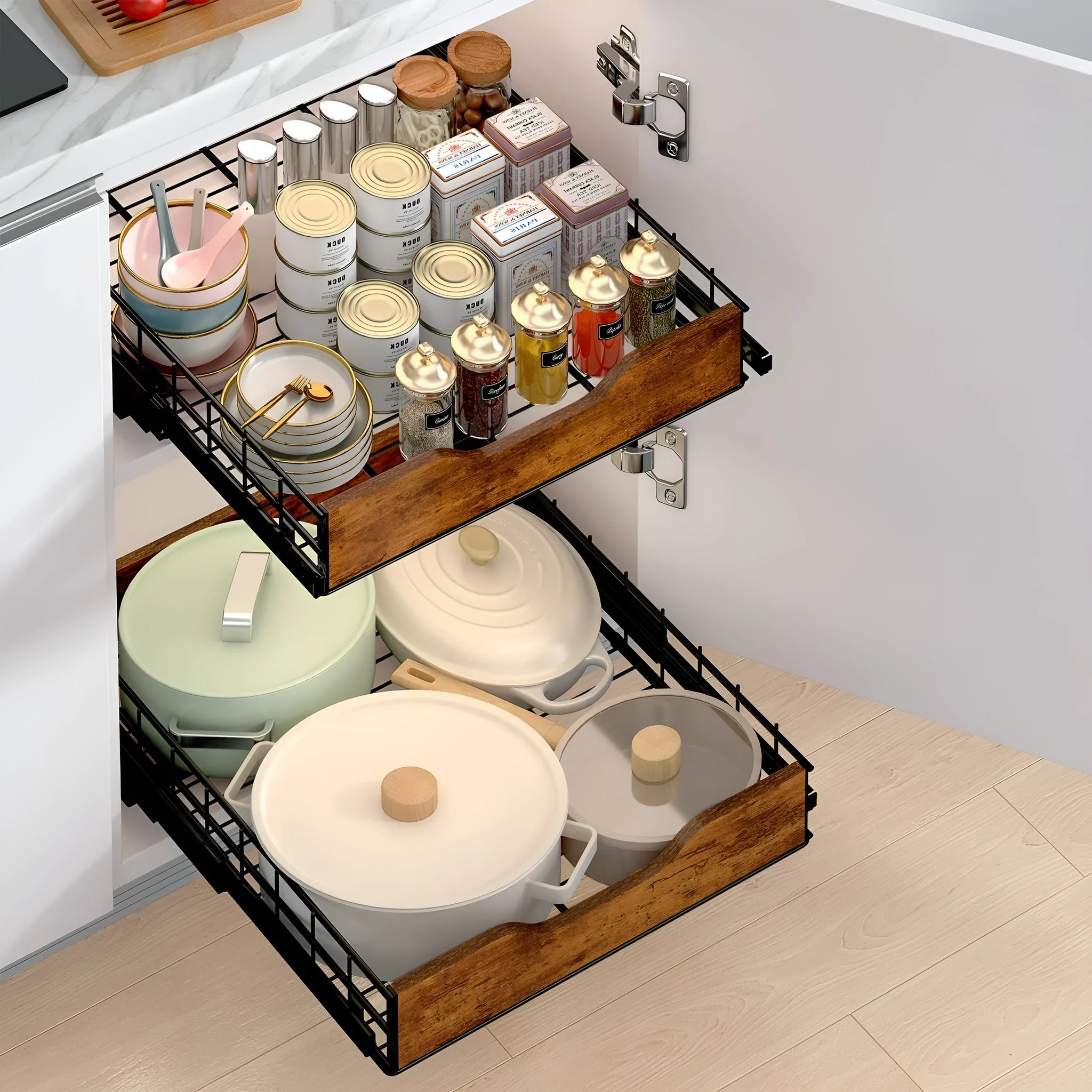 Black wood and iron pull basket storage rack with drawer-style organisation