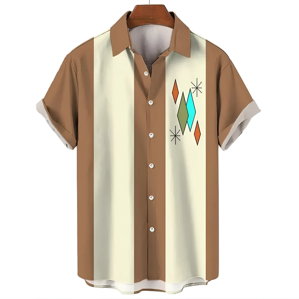 Man wearing a blue and white striped short sleeve Hawaiian button-up shirt.