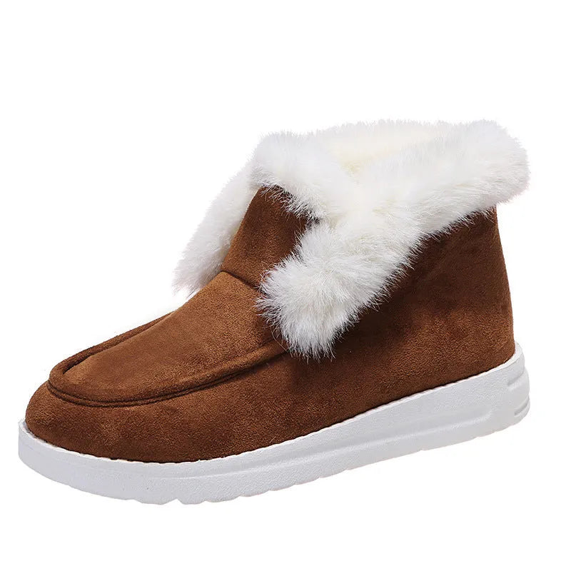 Women's snow boots ankle boots suede upper plush fur lining black colour low heel round toe