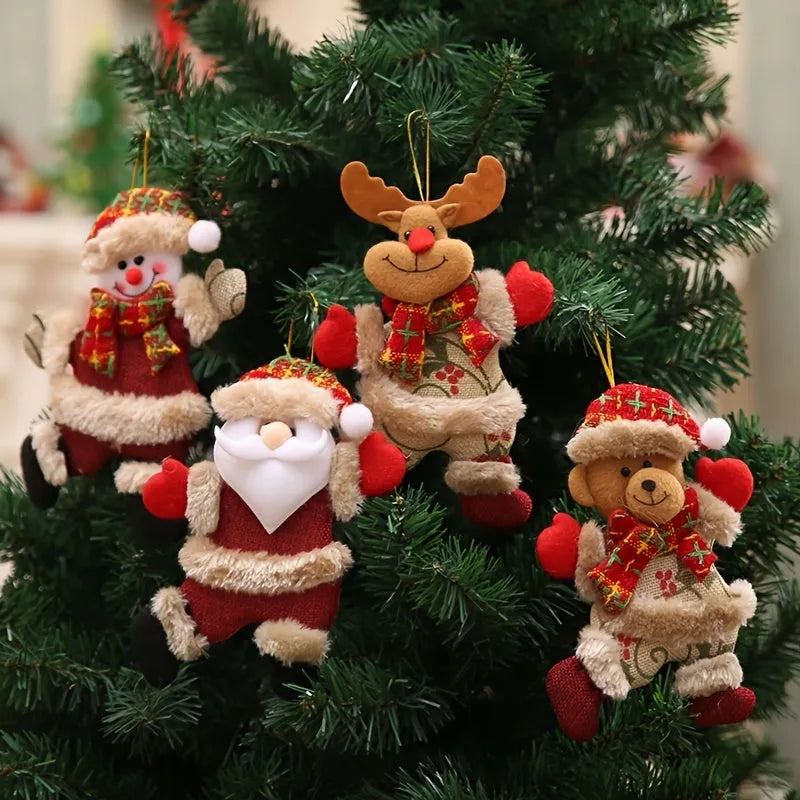 Christmas tree ornaments set with Santa, snowman, reindeer and bear figures in red and white scarves, golden balls and red bows.