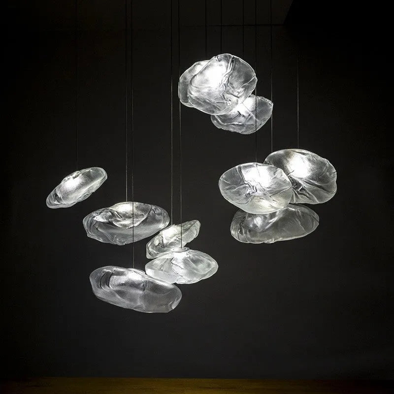 Modern fabric chandelier with glass shade in clear, amber or smoke grey colour options