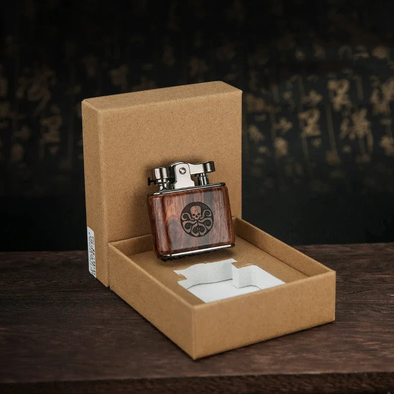 Wooden kerosene lighter retro old fashioned cotton oil lighter 53x50x20mm in ebony colour with gift box